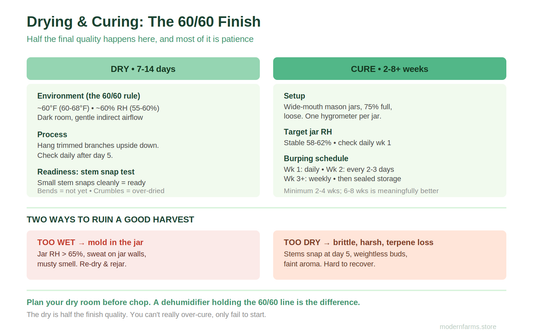 Drying and Curing Cannabis: The 60/60 Rule, the Over-Dry Trap, and the Patience That Makes It Great