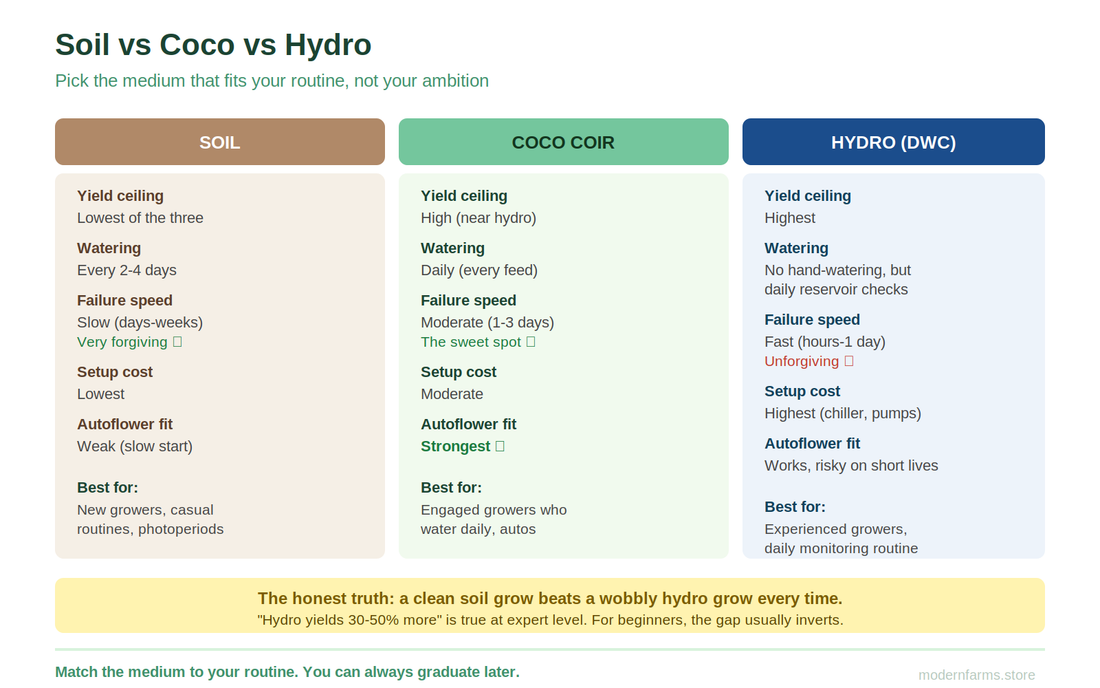 Soil vs Coco vs Hydro for Cannabis: The Honest Three-Way Comparison